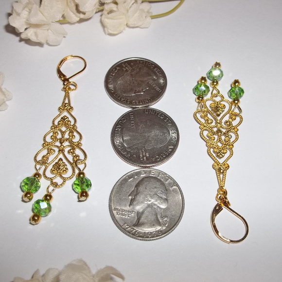 Chandelier Earring Set Statement Green & Gold 4888 - Picture 4 of 8